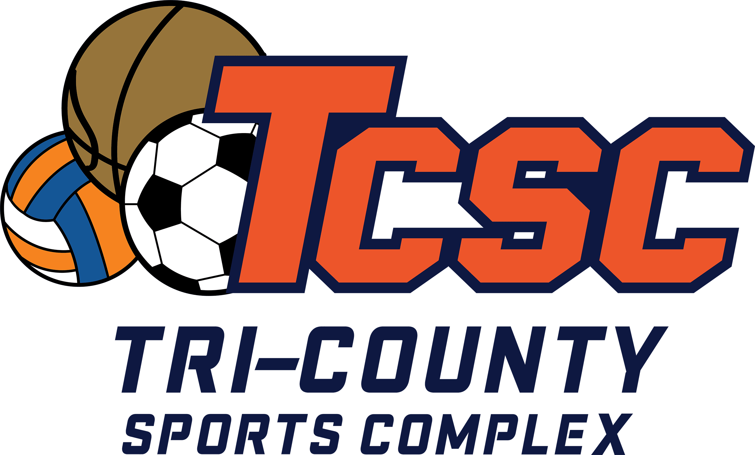 A colorful volleyball, a brown basketball, and a soccer ball next to orange letters TCSC with dark blue outlines.